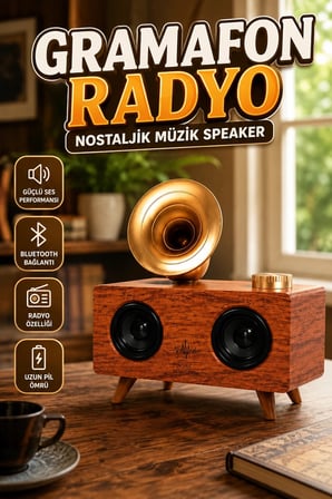 Vintage Ahşap Görünümlü Bluetooth Hoparlör Retro Radyo Gramofon FM Radyo USB SD Kart Destekli
