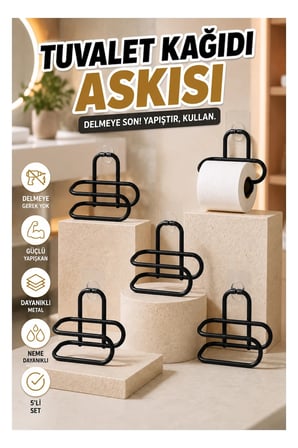 Siyah Metal Yapışkanlı Tuvalet Kağıdı Askısı – Delmeden Montaj 5’li Set