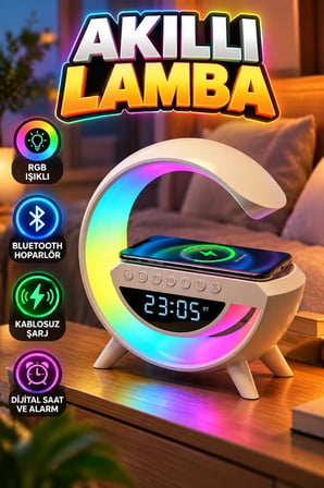 RGB Işıklı Kablosuz Şarjlı Bluetooth Hoparlörlü Dijital Saat ve Alarm Özellikli Masa Lambası