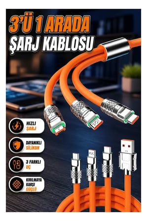 120W 3 İn 1 Silikon Şarj Kablosu – 180° Döner Başlık LED Göstergeli