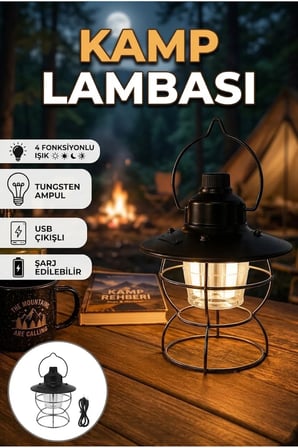 4 Fonksiyonlu Retro Kamp Feneri – Tungsten Ampul, USB Çıkışlı, Type-C Şarjlı