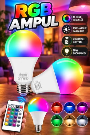 Ayarlanabilir Parlaklık RGB LED Ampul E27 Duy 10W 2000 Lümen Kumandalı Renk Değiştiren Beyaz Lamba