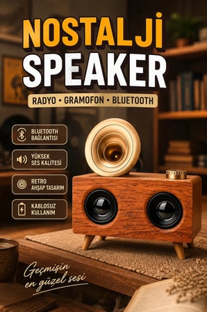 Bluetooth Nostalji Speaker Radyo Gramofon Ahşap Görünümlü Vintage Hoparlör