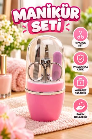 4 Parça Pembe Manikür Pedikür Seti – Tırnak Makası, Makas, Cımbız ve Törpü