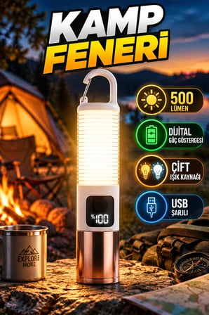 500 Lümen USB Şarjlı LED Kamp Feneri – Çift Işık Kaynaklı ve Dijital Güç Göstergeli
