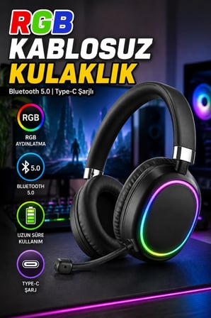 RGB Aydınlatmalı Bluetooth 5.0 Kablosuz Kulaklık – Type-C Şarjlı