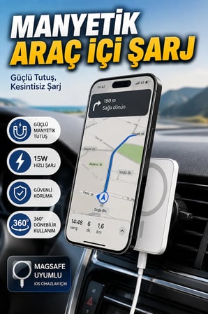MagSafe Kablosuz Araç İçi Manyetik Şarj Aleti 15W Type-C Girişli iOS Uyumlu