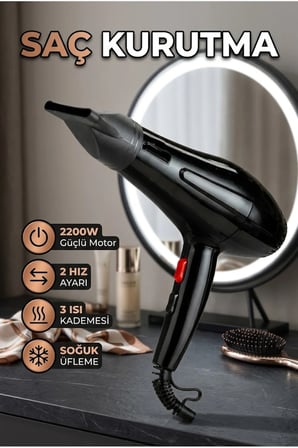 2200W Profesyonel Saç Kurutma Makinesi Soğuk Üfleme ve Difüzör Aparatlı
