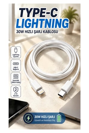 Type-C to Lightning 30W Hızlı Şarj ve Veri Aktarım Kablosu