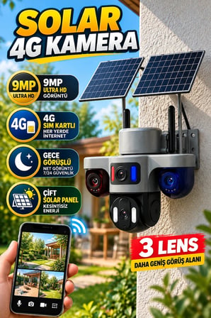 Solar 4G Güvenlik Kamerası 9MP 3 Lensli Çift Panelli Gece Görüşlü