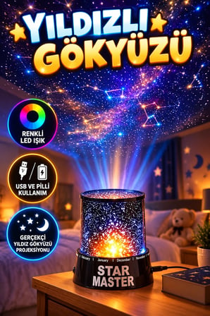 Yıldızlı Gökyüzü Projektör Gece Lambası – LED Renk Geçişli USB ve Pilli Kullanım