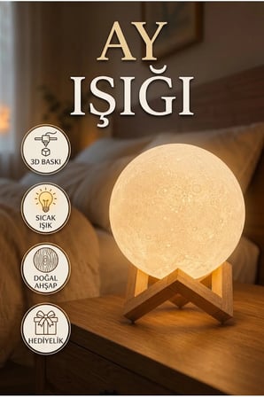 3D Ay Işığı Gece Lambası Ahşap Standlı LED Dekoratif Masa Lambası