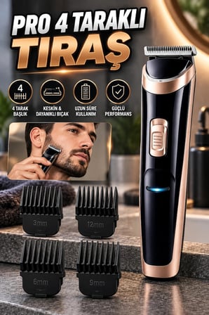 Şarjlı Saç ve Sakal Tıraş Makinesi Paslanmaz Çelik Bıçaklı Ayarlanabilir Tarak 3-12 mm