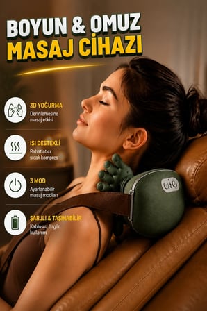 3D Yoğurma Teknolojili Boyun ve Omuz Masaj Aleti 3 Kademeli Hız Ayarlı Ergonomik Tasarım