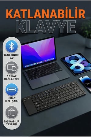 Katlanabilir Bluetooth Klavye – 3 Cihaz Destekli Kablosuz Taşınabilir