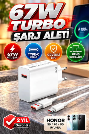 Honor 50 70 90 Uyumlu 67W Şarj Adaptörü – Quick Charge 5.0 ve Type-C Lightning Kablolu