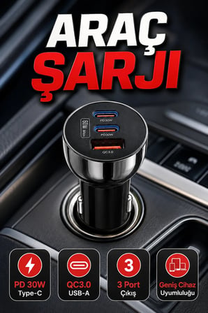 Çift PD Type-C ve QC3.0 USB Çıkışlı 3 Port Araç Şarj Adaptörü