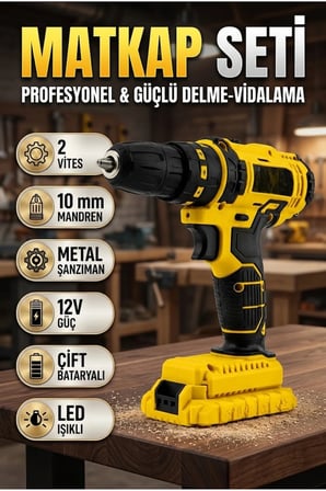 12V Akülü Darbeli Matkap Vidalama Seti – 24 Parça, Çift 1500mAh Batarya, LED ve 2 Vites