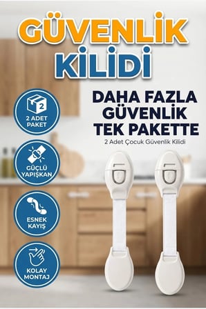 Esnek Kayışlı Çocuk Güvenlik Kilidi 2 Adet – Güçlü Yapışkanlı Dolap ve Çekmece Kilidi