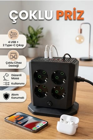 8'li Dikey Çoklu Priz – 4 USB ve 2 Type-C Girişli Akım Korumalı Uzatma Prizi
