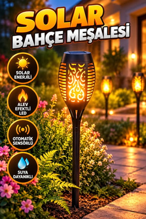 Solar Bahçe Meşalesi – Alev Efektli LED, Otomatik Sensörlü ve Suya Dayanıklı Dış Mekan Lambası