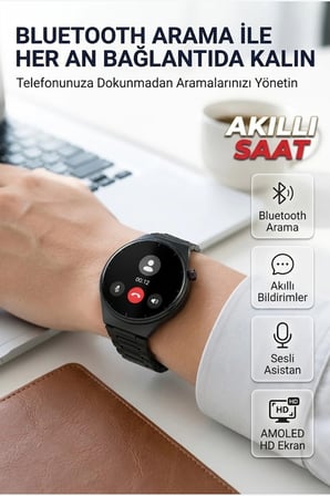 Akıllı Saat Bluetooth Aramalı AMOLED HD Ekran Android iOS Uyumlu 3'lü Kordon Seti