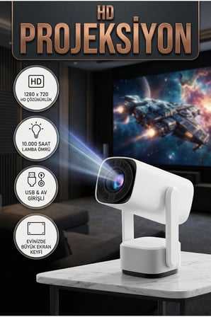HD 720p Projeksiyon Cihazı – 1280 x 720 Çözünürlük, 10.000 Saat Ampul Ömrü, USB ve AV Girişli