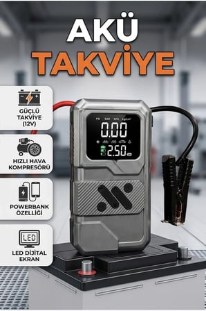 12000 mAh Akü Takviye Cihazı ve Hava Kompresörü Powerbank LED Aydınlatmalı Taşınabilir Araç Kurtarma Ünitesi
