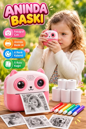 Anında Fotoğraf Baskılı Çocuk Kamerası – 5 Rulo Kağıt ve 6 Renk Kalemli Eğitici Set