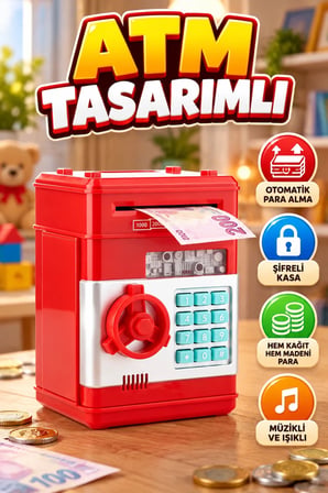 Kırmızı ATM Tasarımlı Elektronik Kumbara – Şifreli Kasa ve Otomatik Kâğıt Para Alma