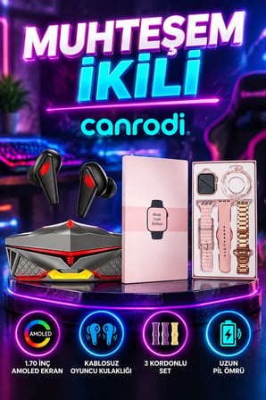 Pembe 1.70 İnç AMOLED Akıllı Saat 3 Kordonlu Set ve Kablosuz Oyuncu Kulaklığı