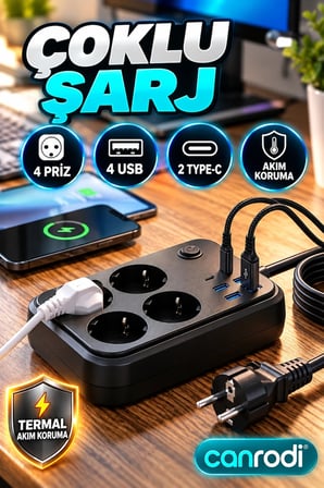 4 Prizli Çoklu Şarj İstasyonu – 4 USB 2 Type-C ve Termal Akım Koruma