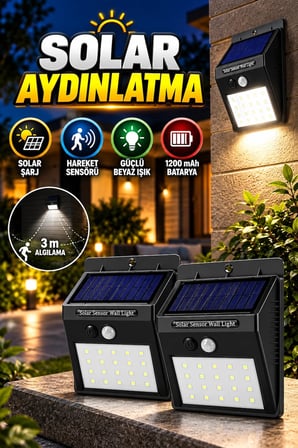 Hareket Sensörlü Solar LED Dış Mekan Lambası – 3 m PIR Algılama 1200 mAh Beyaz Işık