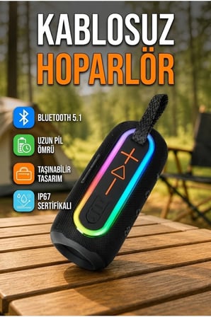Renkli LED Işıklı Kablosuz Bluetooth Hoparlör Kırmızı IP67 Su Geçirmez