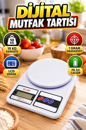 10 kg Kapasiteli Dijital Mutfak Terazisi – 1 g Hassasiyet, LCD Ekran, Gram ve Ons Ölçümü