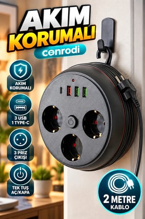 Akım Korumalı Çoklu Priz – 3 Priz, 3 USB, 1 Type-C ve 2 Metre Kablo