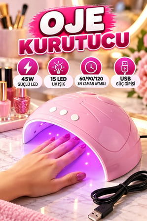 45W UV LED Oje Kurutma Makinesi – 15 LED, 60/90/120 Sn Zaman Ayarlı, USB