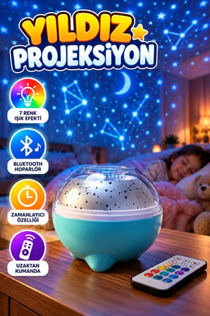 Bluetooth Hoparlörlü Yıldız Projeksiyon Gece Lambası – 7 Renk Efekti, RGB LED, Zamanlayıcı ve Uzaktan Kumanda