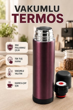 304 Paslanmaz Çelik Vakumlu Seyahat Termosu – Tek Tuş Kapaklı Kahve ve Çay Termosu