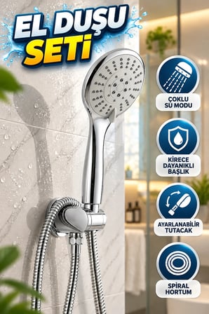 Çok Fonksiyonlu El Duşu Seti – Spiral Hortum, Ayarlanabilir Tutacak ve Kirece Dayanıklı Başlık