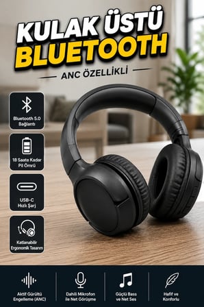 2025 Model ANC Destekli Bluetooth Kulak Üstü Kulaklık 18 Saat Kullanım USB-C Şarjlı