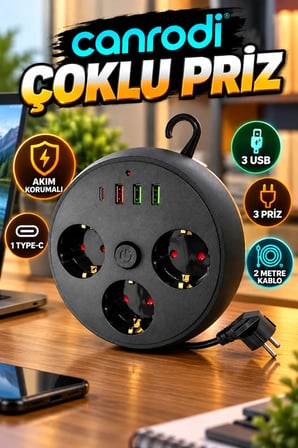 3 Prizli Akım Korumalı Çoklu Priz – 3 USB, 1 Type-C ve 2 Metre Kablo