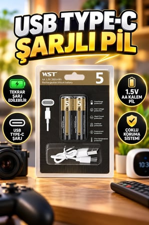 Type-C USB Şarjlı AA Lityum Kalem Pil 1.5V 3200mWh – 2'li Paket