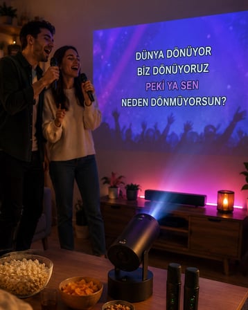 1080P Karaoke Projeksiyon Cihazı – Çift Kablosuz Mikrofon, WiFi Bluetooth, 180° Döner Başlık