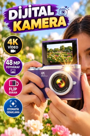 48 MP Dijital Kamera – 4K Video, Flip Ekran, Autofocus ve Güzelleştirme Modu