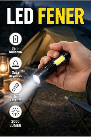 Mini LED El Feneri 2000 Lümen Ayarlanabilir Odaklı Suya Dayanıklı Şarjlı Fener