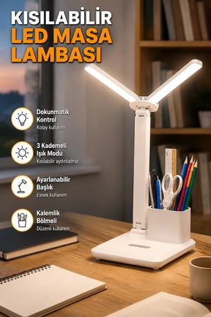 Kısılabilir LED Masa Lambası – Esnek Başlık, Kalemlik ve Telefon Standı