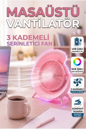 USB Şarjlı Masaüstü Vantilatör – RGB Işıklı 3 Kademeli Fan