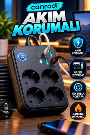 4 Prizli Akım Korumalı Uzatma Prizi – 4 USB ve 2 Type-C Girişli