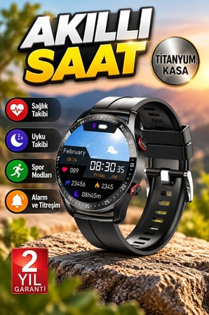 Titanyum Kasalı Akıllı Saat – Yuvarlak Ekran | Alarm, Uyku ve Sağlık Takibi, Titreşim